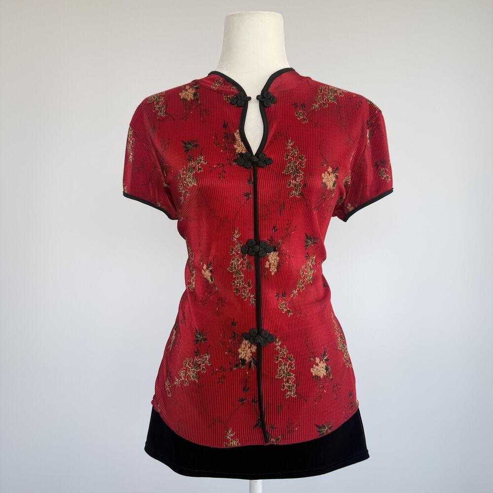 Dressbarn Blouse Womens M Red Floral Asian Frog Button Keyhole Short Sleeve Top